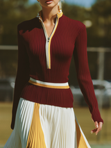 Trendy Sporty Burgundy Knit Top With Yellow And White Color-blocked Pleated Skirt Set