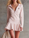 Elegant Retro Sporty V-neck Front Zipper Long-sleeved Bubble Hem Light Pink Mini Dress
