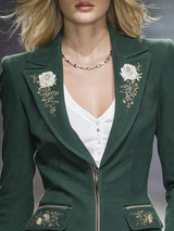 Vintage Western Rose Embroidered Zipper Green Faux Suede Jacket