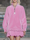 Western Pink Corduroy Zip-up Ruffle Mini Dress