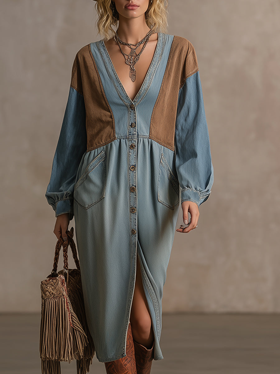 Retro Silhouette Color-blocked Blue Denim Midi Dress