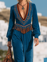 Retro Western Style V-Neck Embroidered Tassel Faux Suede Midi Dress