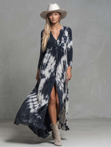 Vintage Western Flowing V-neck Front Button Black And White Tie-dye Pattern Cotton Slits Dress