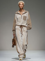 Lapel Collar Zip-up Color-blocked Leopard Print And Velvet Patchwork Set