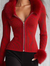 Lapel Zipper Faux Fur Collar Knitted Cardigan