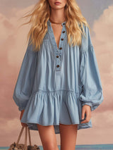 Elegant Western Loose V-neck Front Button Ruffled Hem Light Blue Denim Mini Dress