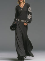 Casual And Stylish White Embroidered V-neck Black Maxi Dress