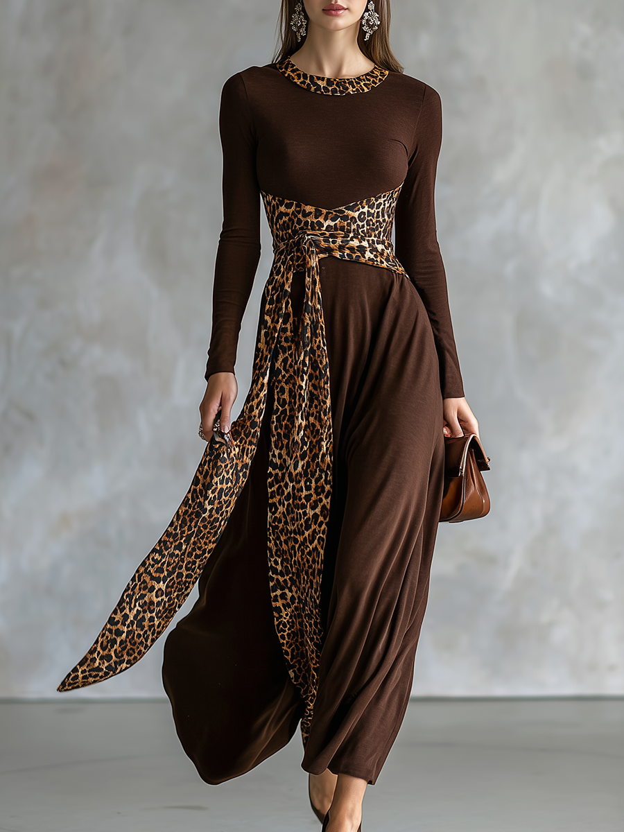 Retro Leopard Print Patchwork Long-sleeved Midi Dress