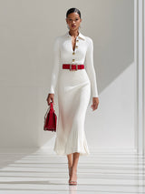 【24-hour shipping out】White Wool Lapel Button Design Maxi Dress