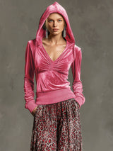 Casual Retro Pink Fleece Hooded Top And Chiffon Leopard Print Wide-leg Pants Set