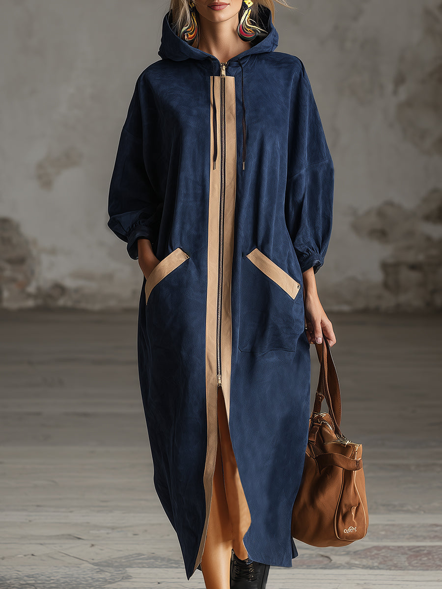 Loose-fitting, Casual Beige-trimmed Navy Blue Faux Suede Hooded Maxi Dress