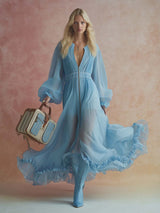Elegant Fashion Flowing V-neck Front Zipper Ruffled Hem Sky Blue Chiffon Maxi Dress