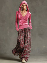 Casual Retro Pink Fleece Hooded Top And Chiffon Leopard Print Wide-leg Pants Set
