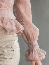 Elegant Pink Chiffon Lace Ruffled Shirt