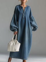 Elegant Urban Blue Denim Button-Front Maxi Dress