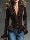 Fashion Retro Cocoa Brown Velvet V-Neck Ruffled Long-Sleeved Shirt