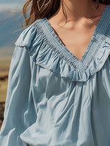 Western-style Ruffled Blue Vintage Washed Denim Shirt