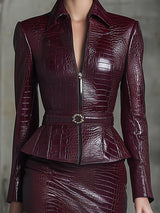 Elegant Angora Red Faux Crocodile Leather Zip-up Jacket And Skirt Set