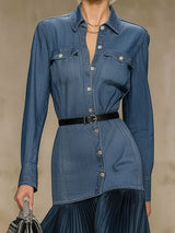 Retro-style Lapel Button-down Denim And Satin Patchwork Long-sleeved Maxi Dress