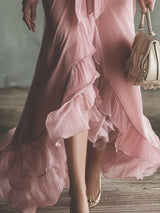 Pink Chiffon Bow-Tied Irregular Hem Maxi Dress
