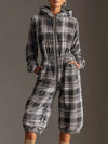 Fashionable Sporty Retro Black And White Checkered Velvet Zip-up Hooded Jumpsuit