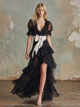 Black Chiffon V-Neck Ruffle Maxi Dress with Slit