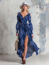Elegant Bohemian Blue Paisley Print Chiffon Off-the-shoulder Long-sleeved Maxi Dress