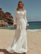 Elegant Retro Bohemian Style Round Neck Lace Trim White Cotton Maxi Dress