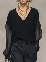 Breathable And Casual Comfortable V-neck Transparent Long-sleeved Black Knitted Blouse Top