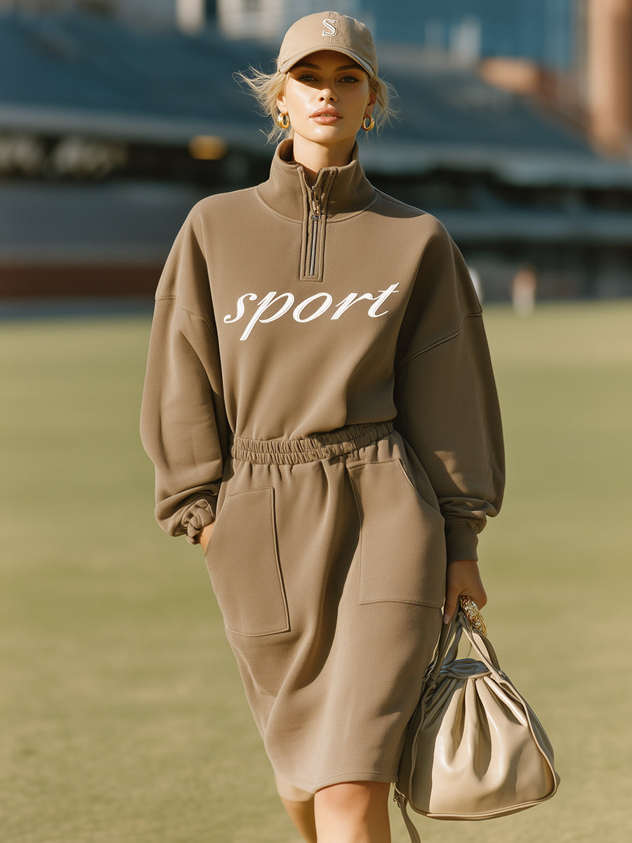 Loose-fitting Casual Stand-up Collar Brown Cotton Midi Dress