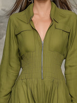 Olive Linen Zip-Front Maxi Dress