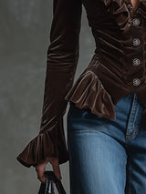 Fashion Retro Cocoa Brown Velvet V-Neck Ruffled Long-Sleeved Shirt