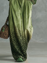 Trendy Retro Sporty Green Velvet Top And Leopard Print Wide-leg Pants Set