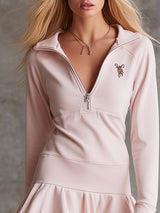 Elegant Retro Sporty V-neck Front Zipper Long-sleeved Bubble Hem Light Pink Mini Dress