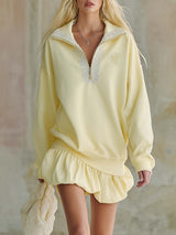 Elegant Fashion Lapel Front Zipper Bubble Hem Lace Trim Light Yellow Cotton Mini Dress