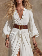 Vintage Western V-Neck Lantern Sleeve White Denim Maxi Dress