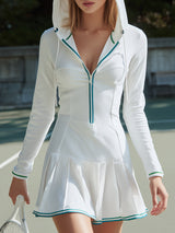 Sporty White With Green Webbing Trim And Hood Mini Dress