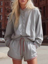 Gray Color-blocked Ribbed Stand-collar Button-up Top And Shorts Athletic Set