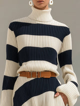 Fashionable And Elegant High Collar Navy Blue And White Contrast Striped Knitted Long Sleeve Maxi Dress