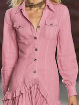 Western-style Pink Button-up With Ruffle Trim Midi Dress