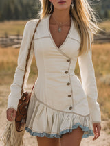 Vintage V-neck Button-down Ruffled Denim Long-sleeved Mini Dress