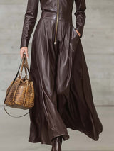 Exquisite Temperament Front Zipper Long Sleeve High-quality Brown Leather Maxi Dress
