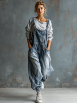 Casual Retro Washed Denim Blue Pocket Overalls