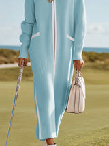 Sporty And Stylish White-trimmed Blue Knit Maxi Dress