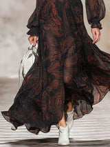 Fashionable Retro Long-sleeved Paisley Black Chiffon Ruffle Maxi Dress