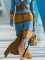 Casual And Stylish V-neck Button-down Brown And Blue And Yellow Striped Knit Maxi Dress
