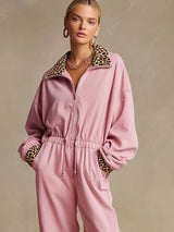 Casual Sporty Retro Pink Cotton Long-Sleeved Leopard Print Jumpsuit