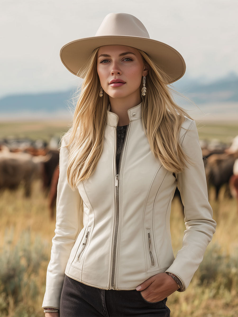 Retro Western Style Zippered White Faux Leather Jacket