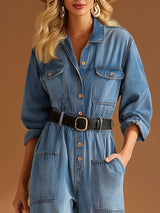 Casual Retro Lapel Button-up Blue Denim Long-sleeved Jumpsuit