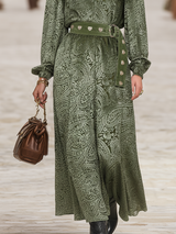 Retro Western Style Velvet Cashew Embossed Green Maxi Dress